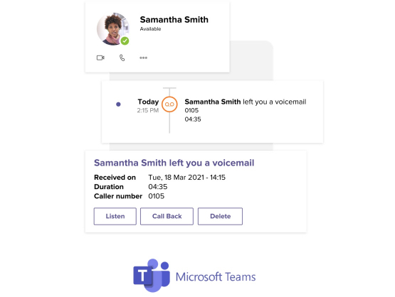 Carte de profil Microsoft Teams avec les informations de l’utilisateur Samantha Smith. Un rectangle est situé au-dessous du profil avec l’interface utilisateur de l’historique des appels Microsoft Teams contenant « Samantha Smith vous a laissé un message vocal aujourd’hui à 14 h 15 ». Une autre carte de l’interface utilisateur Microsoft Teams est située sous le rectangle avec des détails sur la messagerie vocale de Samantha Smith, suivie du logo Microsoft Teams.
