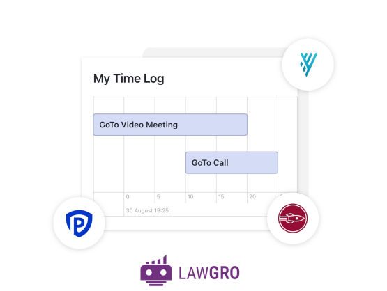 A rectangle with the words ‘Angela S., +1 (972) 877-0090, Incoming Call 8/5/2020, 00:02:30 with the Clio billable hours table underneath followed by the Clio logo.