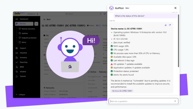 Assistente de IA do GoTo Resolve: o painel do GoPilot transforma as consultas do agente em insights e conselhos práticos.