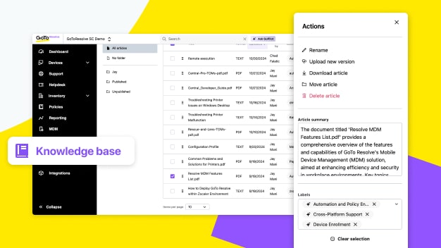 Base de conhecimento do GoTo Resolve (beta) para facilitar a criação, o armazenamento e a busca de artigos por meio de IA.