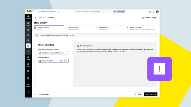 As políticas de atualização do Windows do GoTo Resolve (beta) automatizam a aplicação de patches com reagendamento, reinicialização, filtros e muito mais.