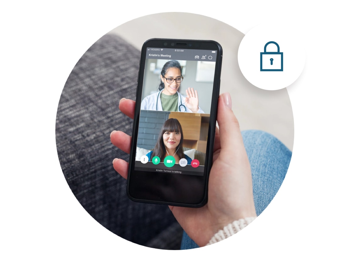 Mobile phone showing split screen video call.