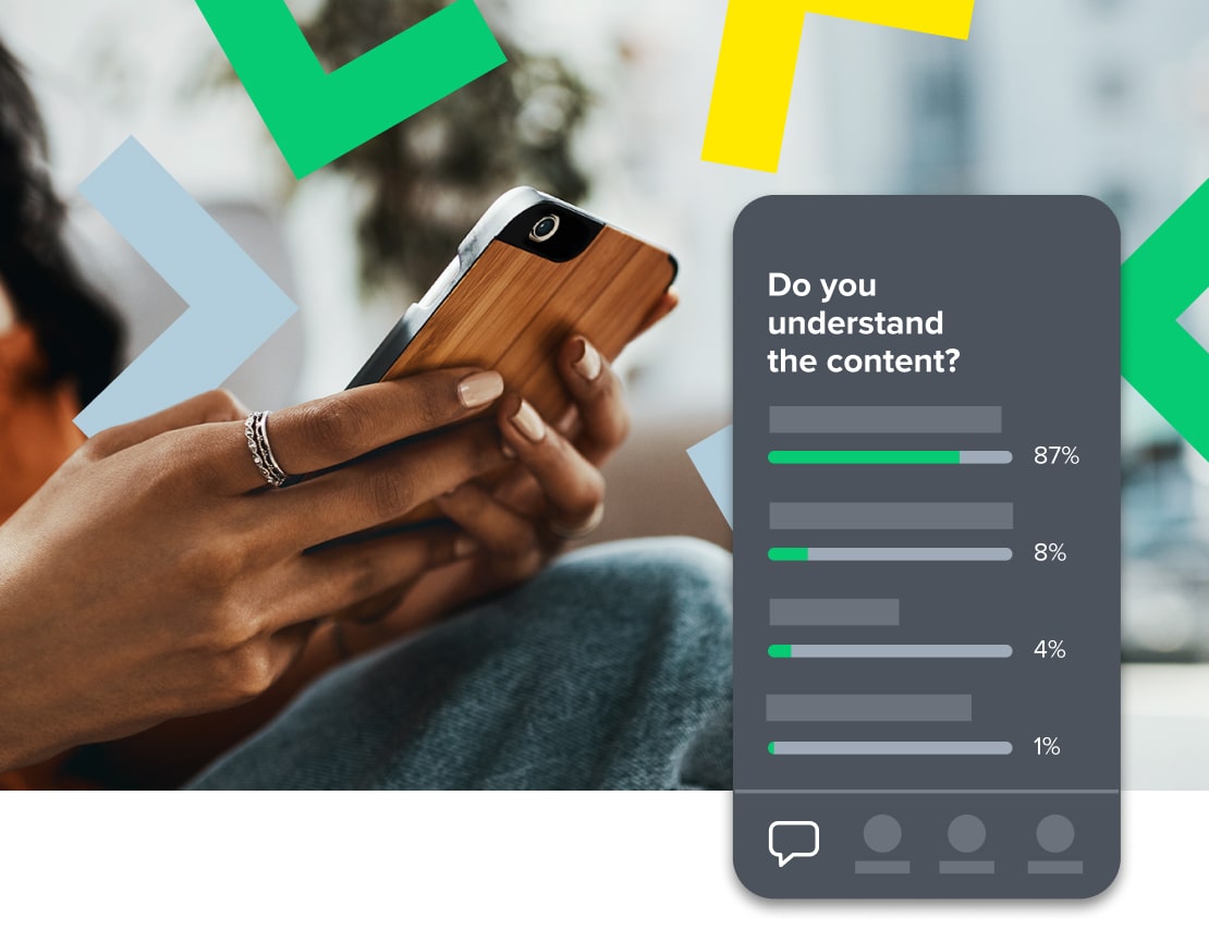 Woman on mobile phone with screenshot showing a post training questionnaire.