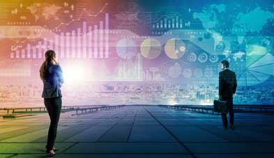 Businessman and businesswoman looking into distance with graphic overlay