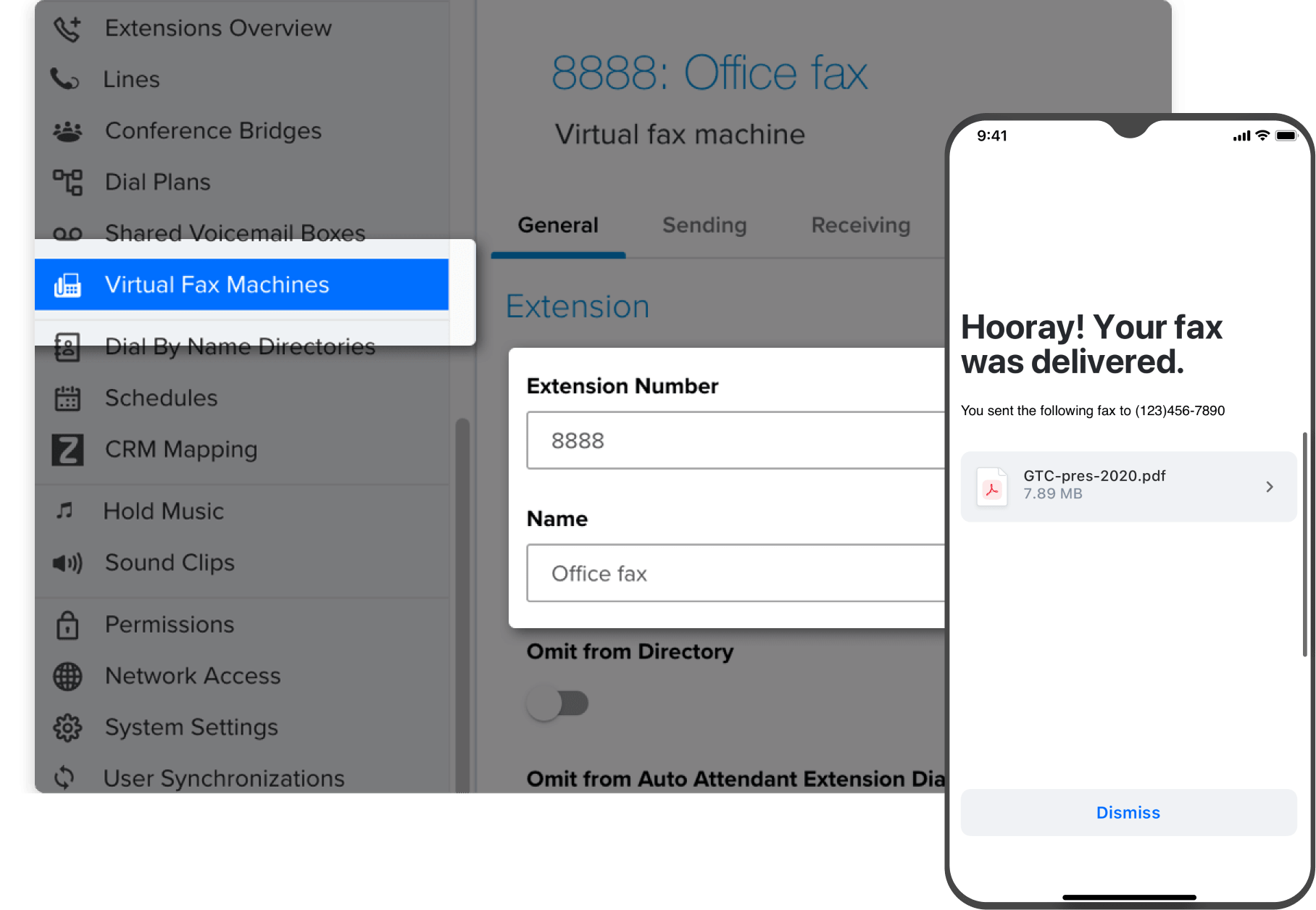 Tela de confirmação de entrega de fax no GoTo Connect 
vista em um celular.