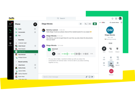Captura de tela do painel do GoTo, com mensagens, chamadas telefônicas e de vídeo e gerenciamento de contatos.