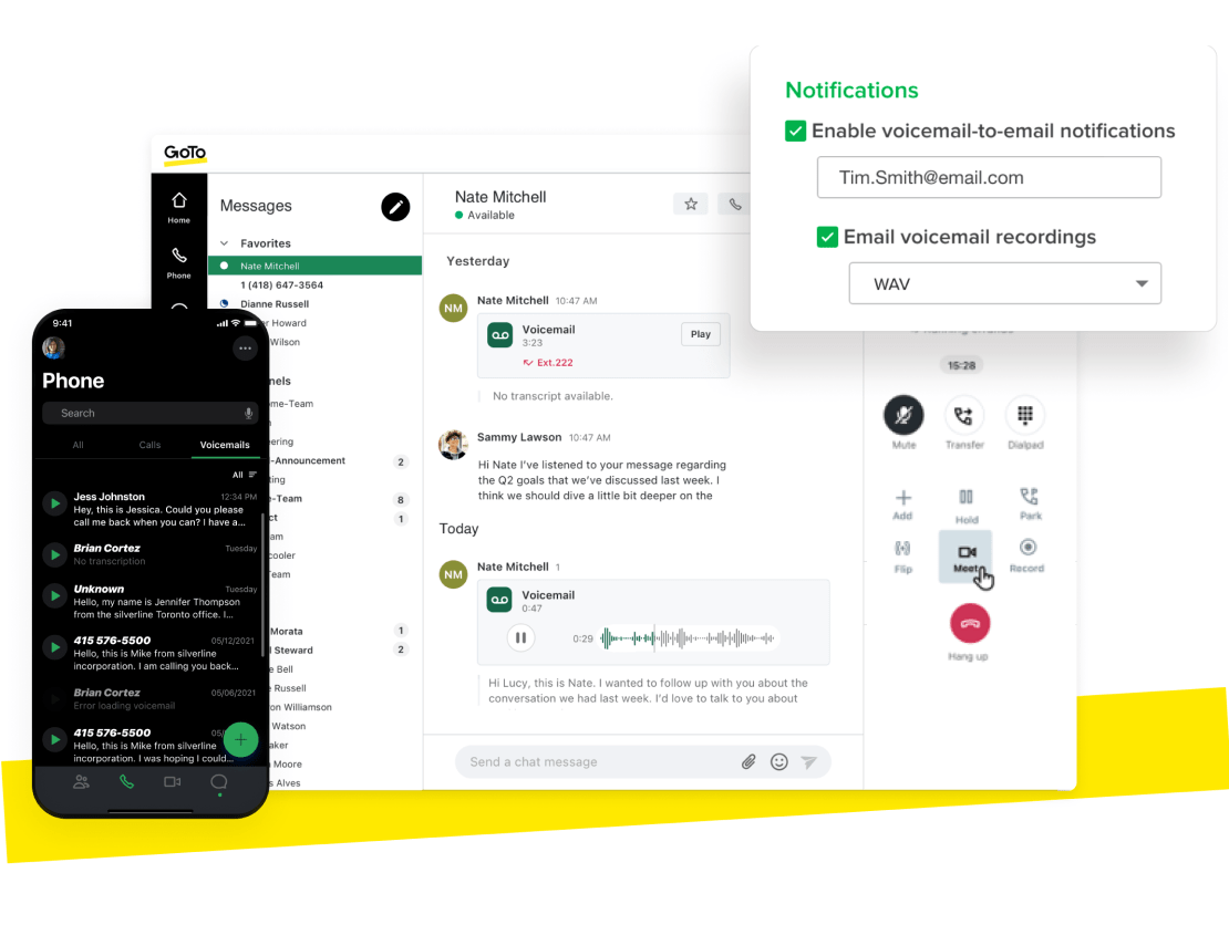 Colagem da caixa de entrada do correio de voz do GoTo Connect nas interfaces para computador e celular.