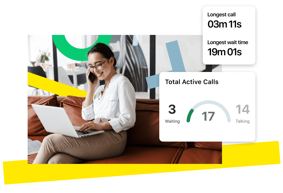 Mulher se divertindo ao telefone enquanto mostra como o GoTo Connect pode rastrear chamadas ativas e estatísticas médias de chamadas.