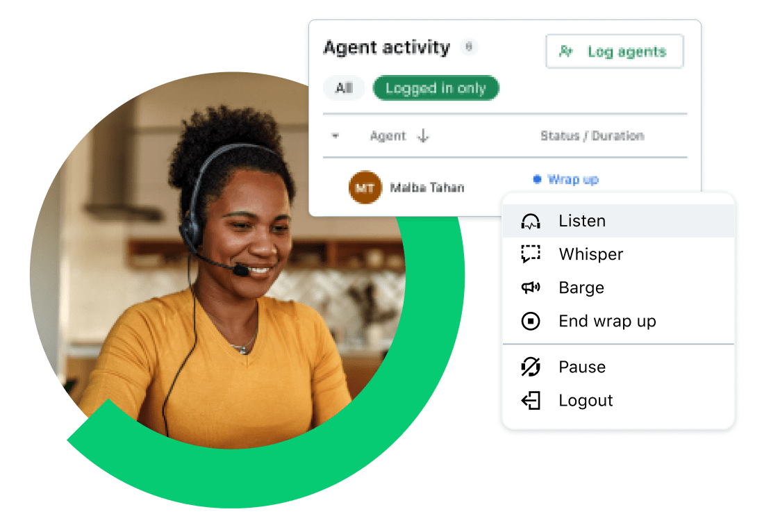 Woman smiling with a headset showing call monitoring options including listen, whisper, and barge.