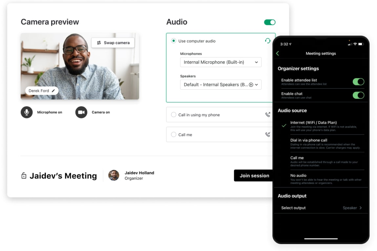 Pantalla que muestra las opciones del servicio de teleconferencia que incluyen audio y vídeo en las aplicaciones de GoTo para ordenador y móvil.