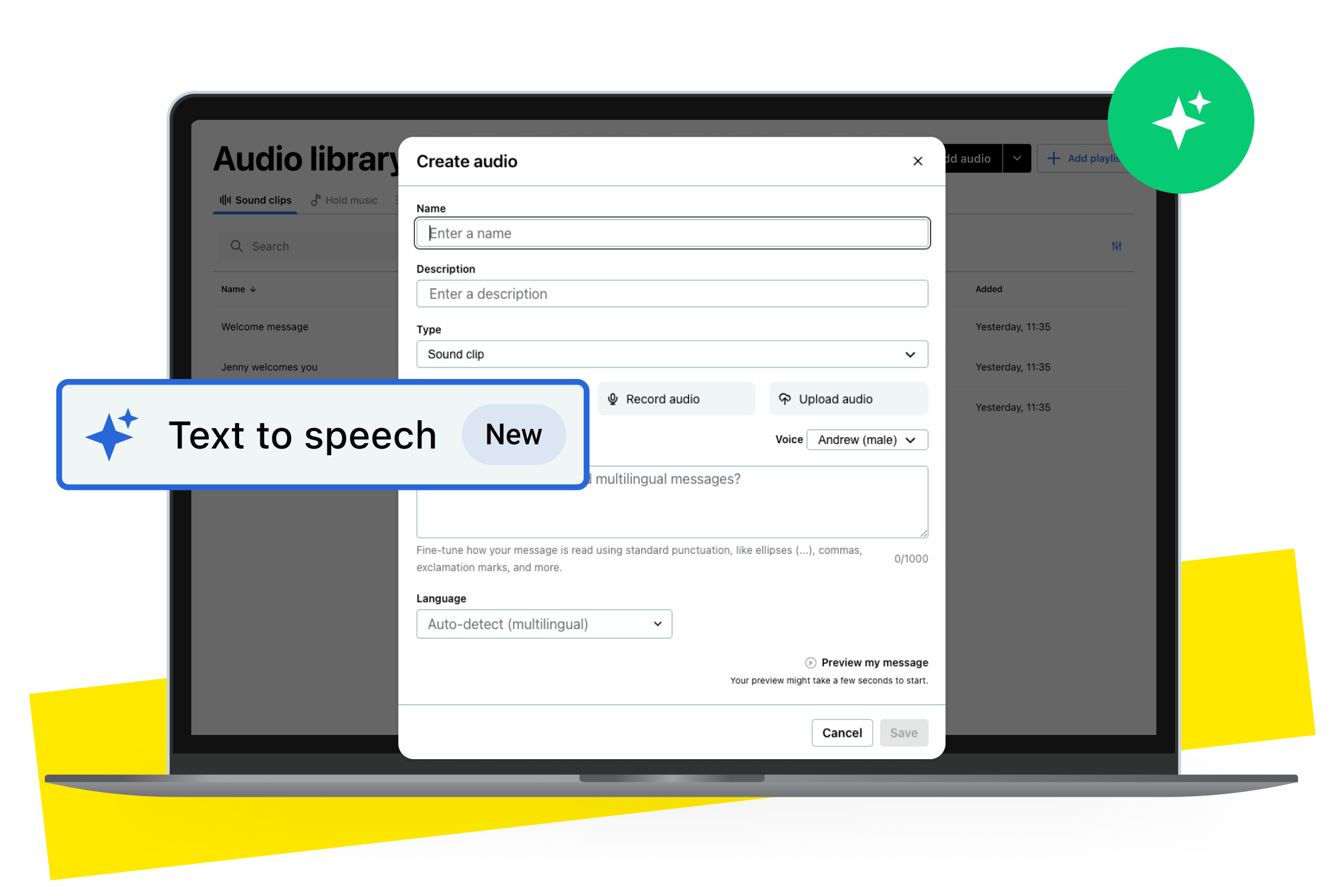 Montagem de cumprimentos profissionais com voz por IA do GoTo Connect feitos a partir de clipes de som de conversão de texto em fala.