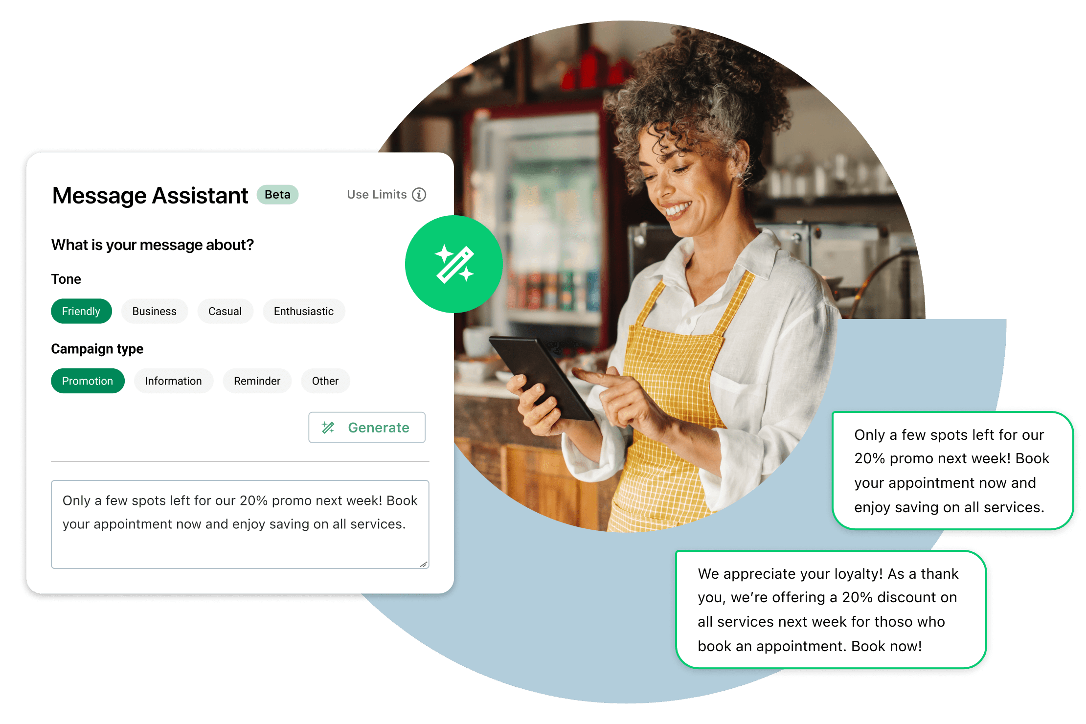 Montagem de funcionário olhando para o tablet e sorrindo ao usar a IA assistente de mensagens do GoTo Connect para gerar mais mensagens personalizadas.