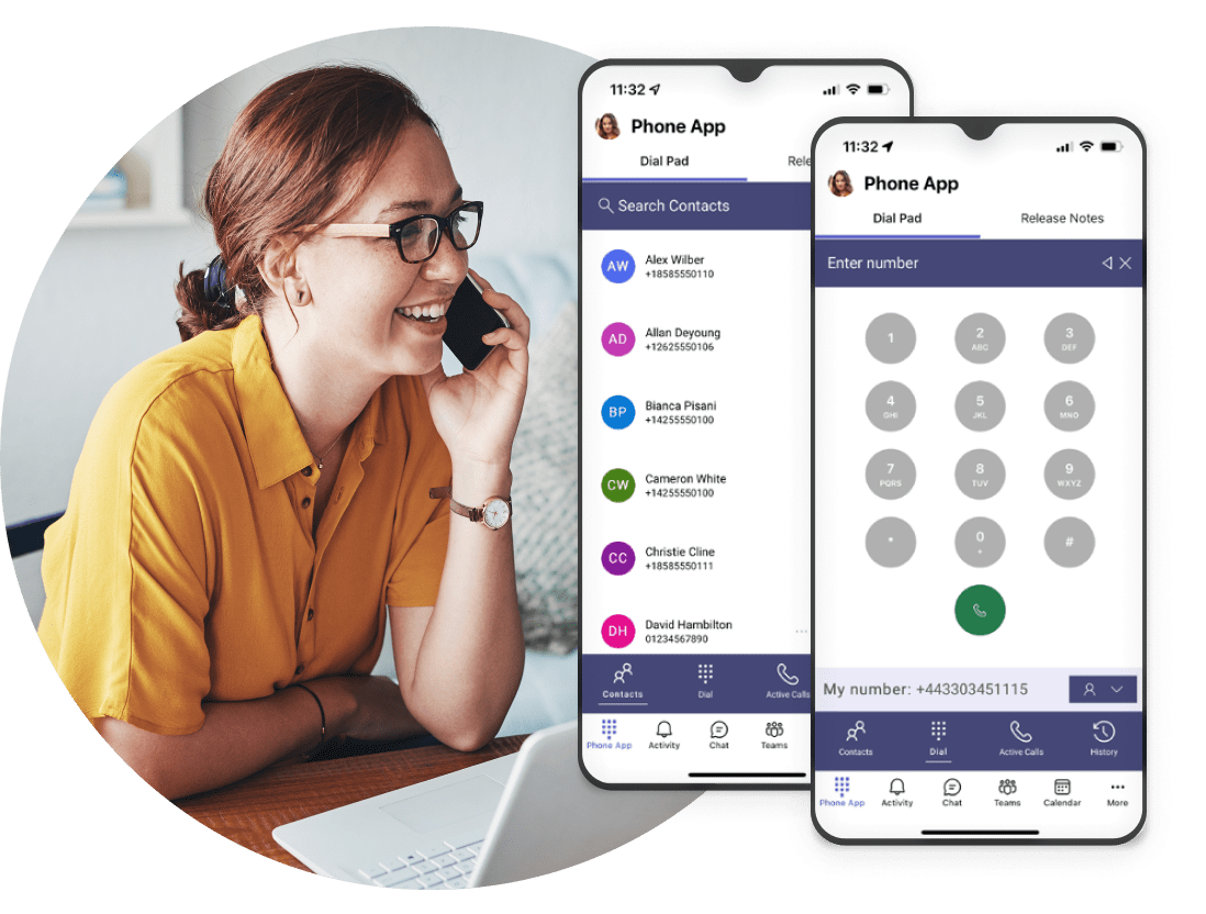 Mulher rindo ao telefone com telas exibindo o aplicativo MS Teams para dispositivos móveis.