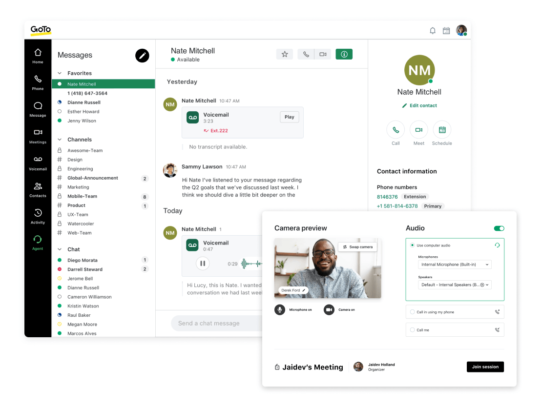 Two screens showing GoTo Connect’s chat functionality and camera preview options.