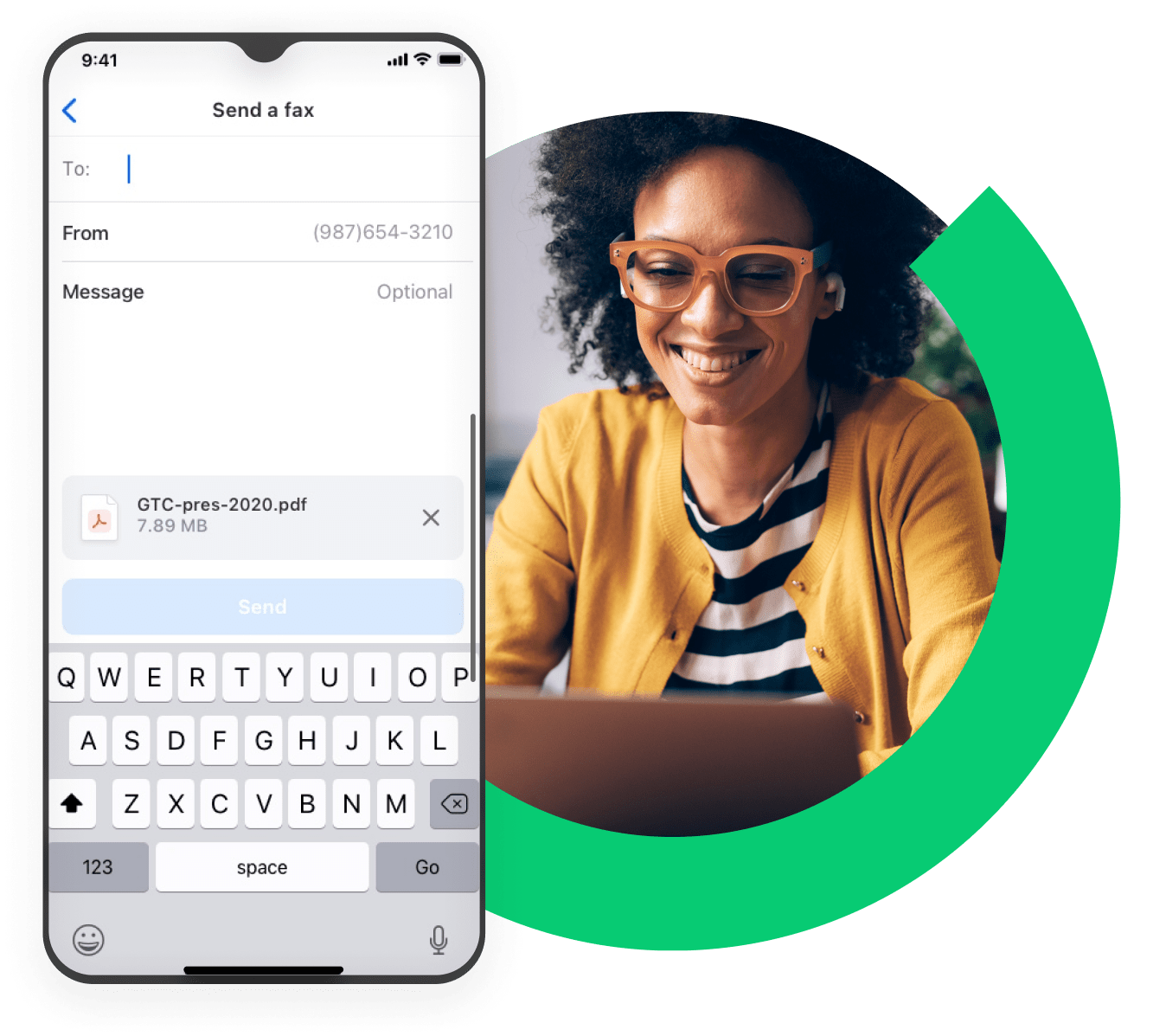 Colagem com foco no envio de um fax com anexo em PDF no GoTo Connect para celular, próximo de uma funcionária remota trabalhando de casa e enviando um fax pelo notebook.