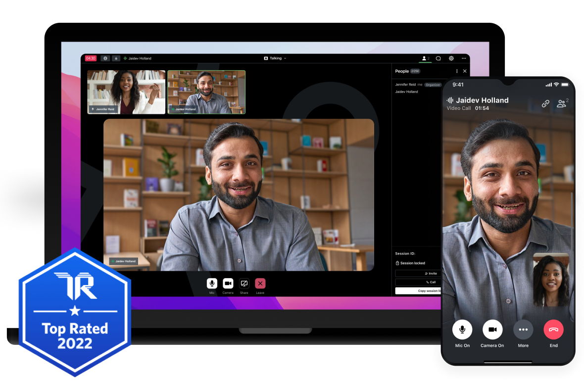 Interface do usuário do GoTo Meeting, uma das soluções mais bem avaliadas da TrustRadius em 2022, e microfone usado pelo organizador da reunião.