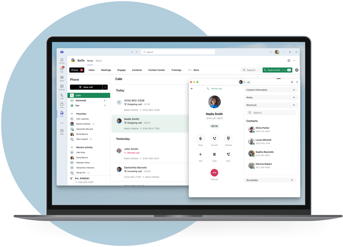 Telas exibindo o GoTo Connect integrado ao aplicativo Microsoft Teams com gerenciamento de chamadas.