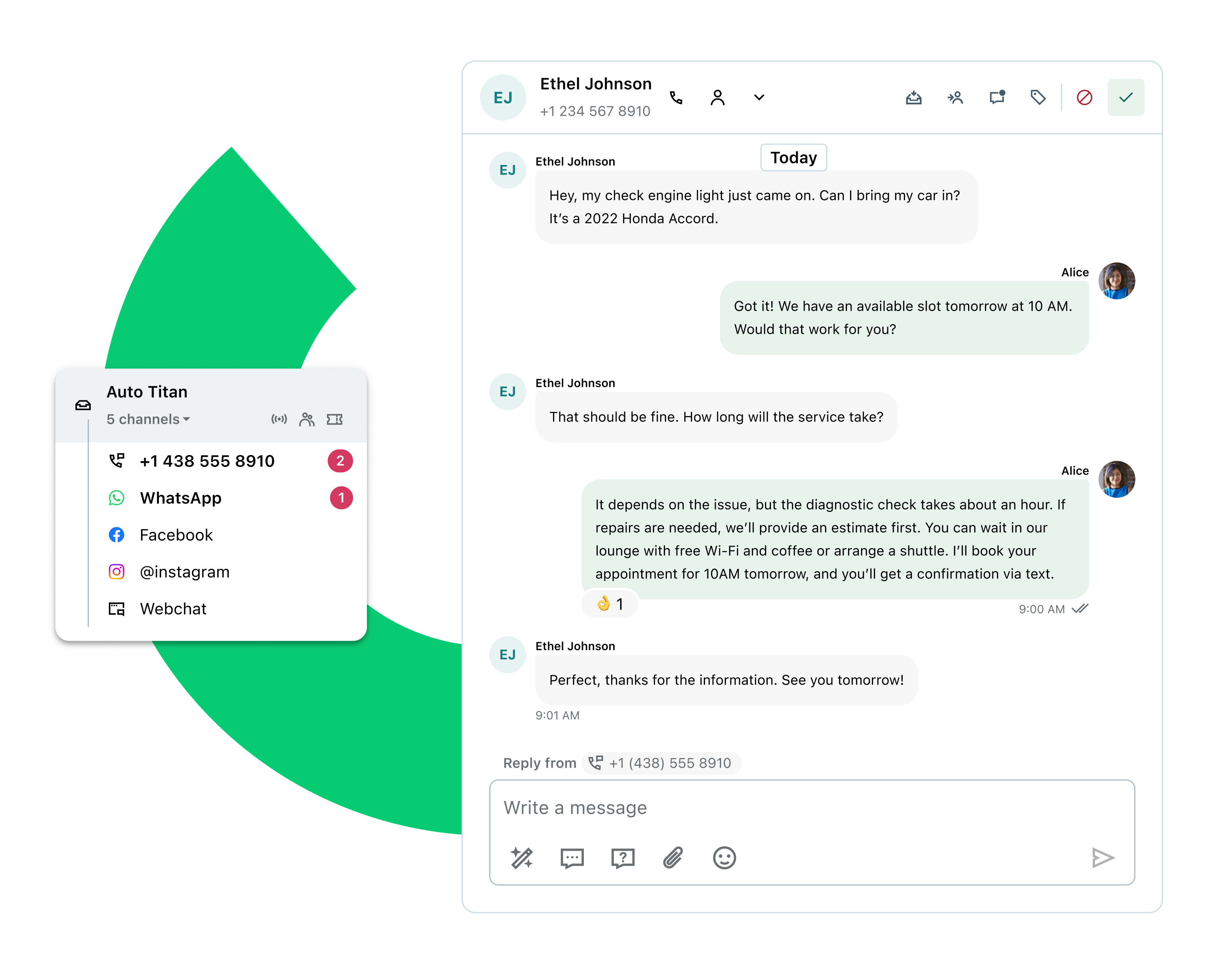 Interface de chat affichant une conversation entre un agent et un client, intégrée à plusieurs canaux de communication, notamment WhatsApp, réseaux sociaux, SMS et chat en ligne.