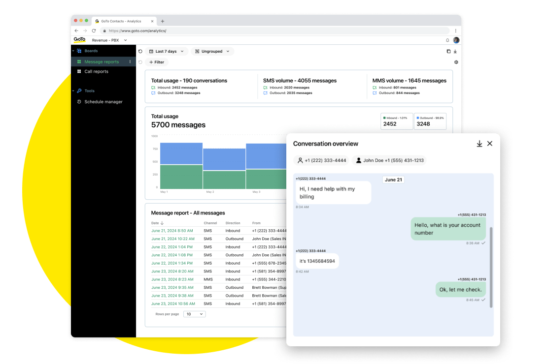 Capture d'écran des rapports de messages GoTo Connect avec une fenêtre contextuelle d'aperçu de la conversation, offrant une synchronisation des données en temps réel pour un accès instantané au profil des clients.