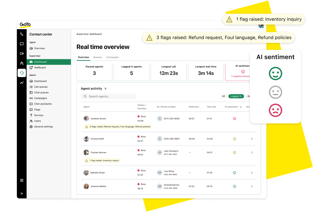 Les tableaux de bord de rapports centralisés de GoTo Connect Center fournissent des informations en temps réel, des rapports SMS et des enregistrements d'appels pour gagner en efficacité, en transparence et en croissance.