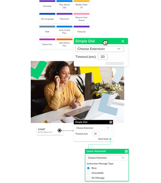 Interface mostrando a facilidade de uso do editor de plano de discagem de arrastar e soltar do GoTo Connect.