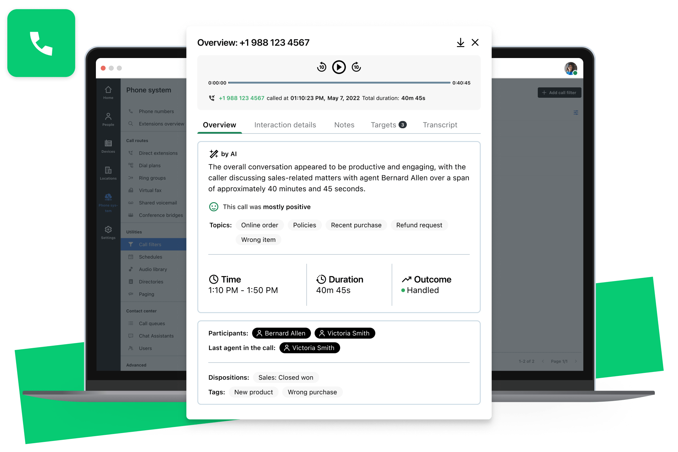 Montagem do recurso de resumo de chamadas por IA do GoTo Connect mostrando um modelo de notebook com resumos de chamada concisos para acelerar a tomada de decisões.