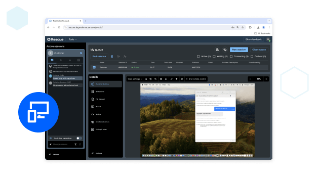 Rescue support operations dashboard demonstrating the operator's remote control functionality on a customer's desktop.