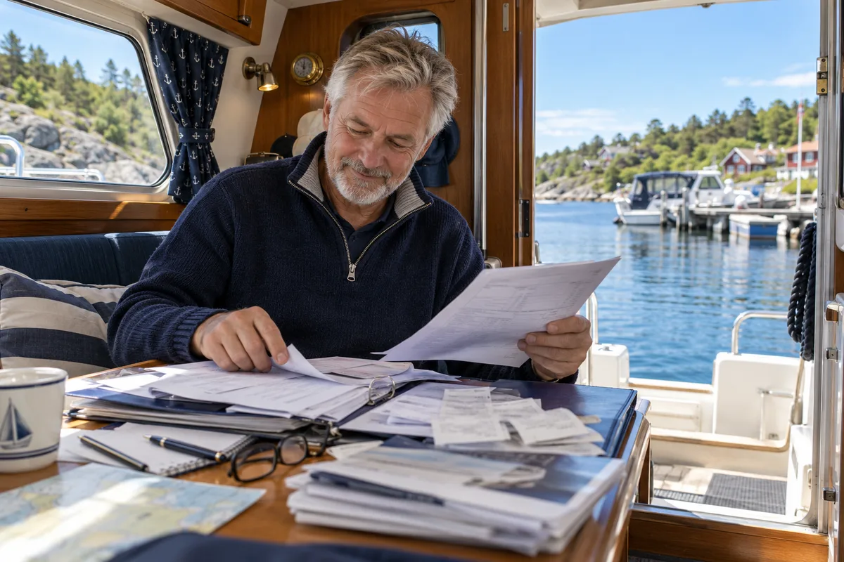 A skipper sorts loose boat documents and receipts at the cabin table.